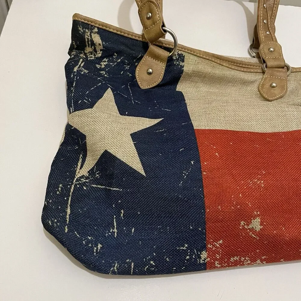 Montana West Texas Pride Painted Tote Bag Tan Studded Double Handles Western